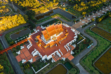 Aerial view of Royal Park Rajapruek, botanical garden and pavilion in Chiang Mai, Thailand