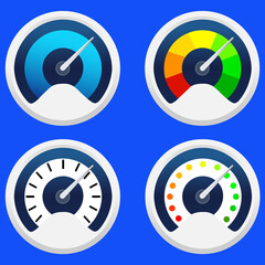 speedometer, speedometers, gradient speedometer, color speedometer set of different types of speedometers on blue background vector icons eps10