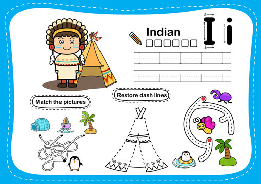 Alphabet Letter I - Indian exercise with cartoon vocabulary illustration, vector