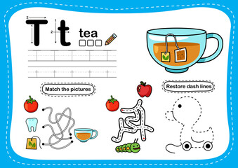 Alphabet Letter T - Tea exercise with cartoon vocabulary illustration, vector