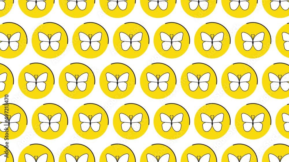 Aufkleber butterfly icon in yellow circle with black dynamic line pattern on a white background. seamless loop