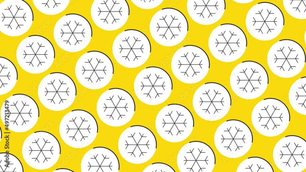 Aufkleber snowflake icon in white circle with black dynamic line pattern on a yellow background. seamless loop