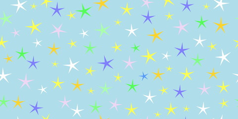 Seamless pattern with colorful stars on pastel blue background, summer seastar pattern vector horizontal
