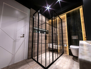 bathroom in black tones with underfloor heating, black shower cabin in a modern bathroom, interior of a hotel room, interior of a hotel, office interior,
