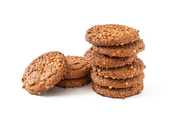 Round oatmeal cookies with peanuts on a white background