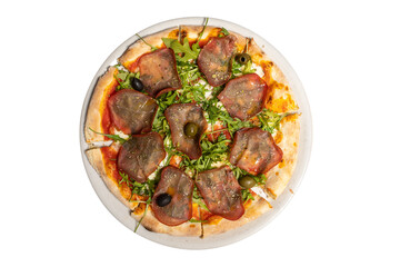 Arugula prosciutto pizza served on white plate isolated on white