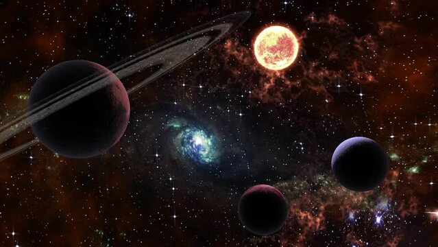 Space flight slowly moving through universe among planets galaxies stars and nebulae