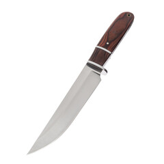 Knife tourist, hunting, tactical, military for survival and self-defense. Steel blade. Wooden handle. An isolated object on a white background.