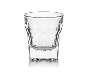 Empty transparent glass cup, shot glass, glass for wine, whiskey, cognac, martini, beer, juice and other drinks, isolated on white background. Dishes for bar, restaurant, pub.