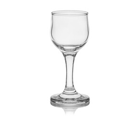 Empty transparent glass cup, shot glass, glass for wine, whiskey, cognac, martini, beer, juice and other drinks, isolated on white background. Dishes for bar, restaurant, pub.