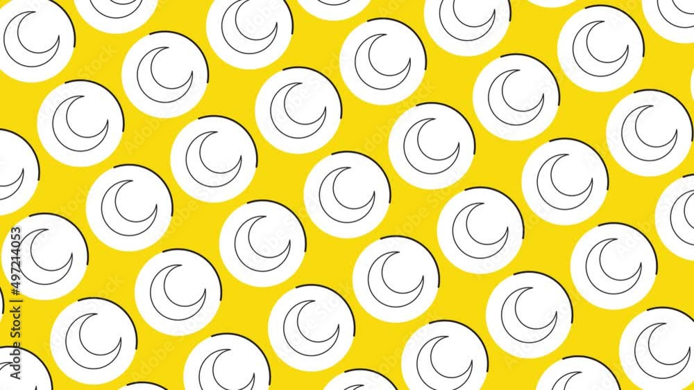 Aufkleber crescent icon in white circle with black dynamic line pattern on a yellow background. seamless loop 
