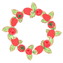 Raspberry wreath. Watercolor illustration. Isolated on a white background. For design.