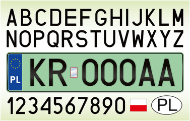 Poland car license plate for electric green cars, letters, numbers and symbols, vector illustration - obrazy, fototapety, plakaty