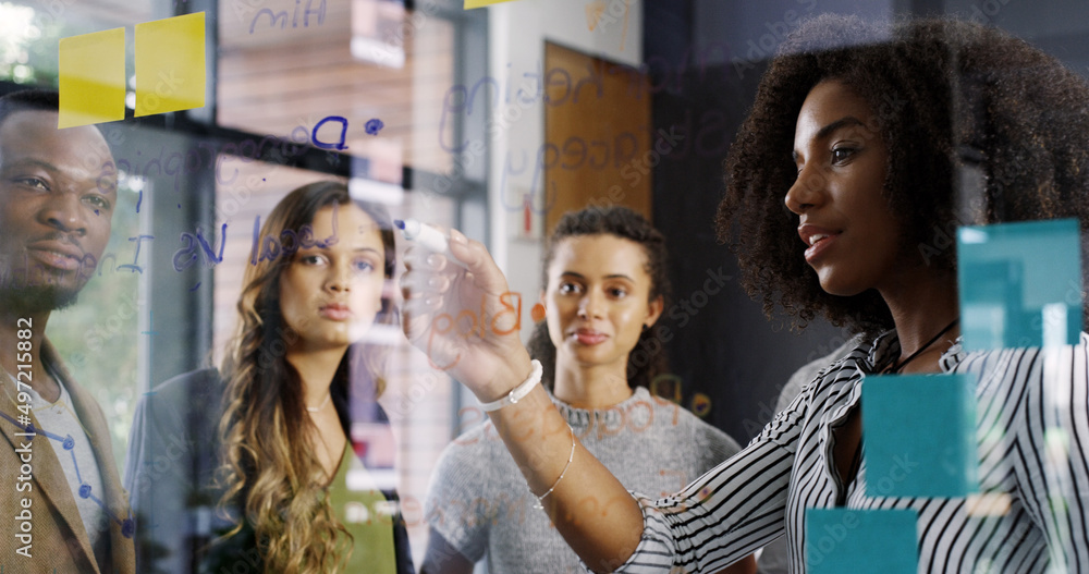 Poster we should try it this way. cropped shot of a diverse group of businesspeople brainstorming on a glas