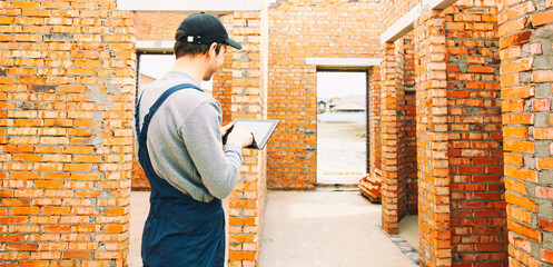 Construction worker standing in the house under construction and holding tablet computer.