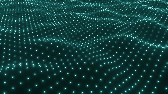 Green surface as futuristic landscape in cyberspace or hologram. 4k seamless loop abstract background of glow particles. Sci-fi theme of microworld, nanotechnology or cosmic space