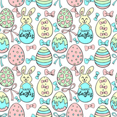 Vector seamless pattern with cute funny colorful easter bunnies, eggs, bows and Happy EASTER inscriptions. Holiday backgrounds and textures in doodle flat style