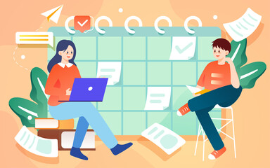 Student is reading book with countdown date in background, vector illustration