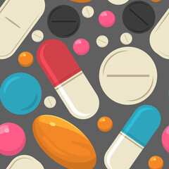 Pills and tablets vector cartoon seamless pattern background for wallpaper, wrapping, packing, and backdrop.
