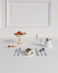 Traditional English tea, high tea, macaroon, white tea set floral dishware, white border background and table. 3D rendering.
