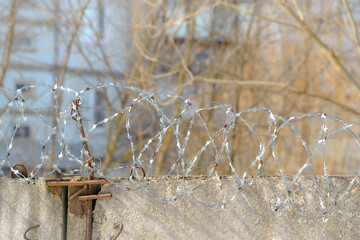 An old concrete fence, barbed wire is stretched over the fence, bare bushes and buildings are on a...