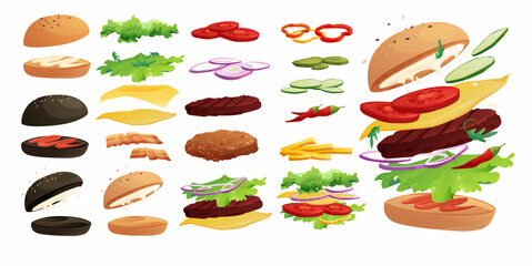 Burgers ingredients set: buns, chili, tomato, cheese, bacon, cucumber, meat, onion, ketchup, French fried potato and salad. Fast food, junk. Cartoon vector illustration.