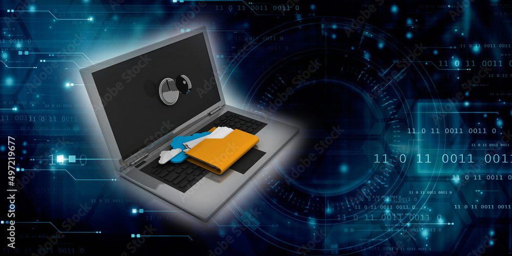 Poster 3d rendering folder on laptop with key protection