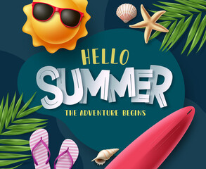 Summer vector background design. Hello summer greeting text with beach elements for holiday season banner design. Vector illustration.
