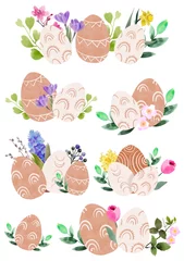 Muurstickers Set of easter boho eggs on an isolated white background, floral design, watercolor clipart. Easter spring collection. Hand drawn set Happy holiday illustration © Tatyana
