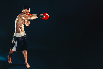 Fitness and boxing concept. Boxer, man fighting or posing in gloves on dark background. Individual...