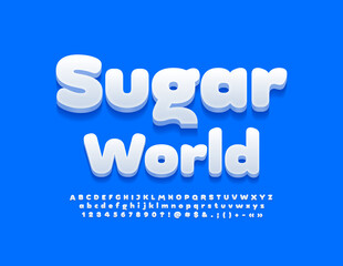 Vector bright sign Sugar World. Sweet White Font. Modern Alphabet Letters and Numbers set
