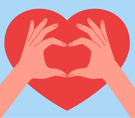 Against background of huge heart, hands are folded in shape of heart. Concept of social assistance, charity, volunteering, equality and mutual respect, love and peace. Colored flat vector illustration