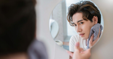 Closeup portrait of handsome beautiful asian boy with mirror makeup routine with copy space. Beauty...