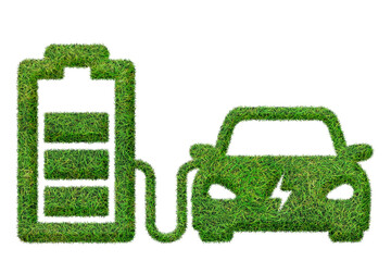 Electric car in Green Grass texture, charger battery power vehicle Isolated On White Background.3D
