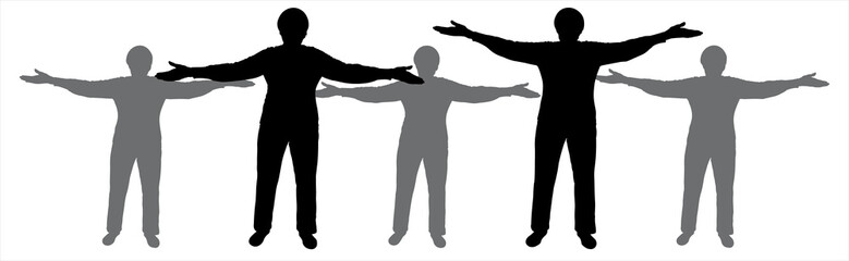 Five women perform physical exercises standing still: arms at the sides, raised up. A group of older people goes in for sports. Front view. A black silhouette is isolated on a white background.