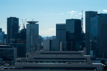 Naklejka premium Tokyo city center with skyscraper office buildings in Otemachi, Tokyo, Marunouchi, Hibiya, Kasumigaseki
