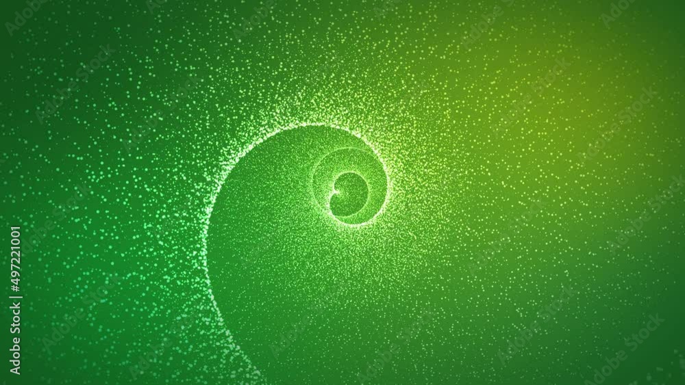 Wall mural spiral shiny vortex spinning on a 4k green background with floating particles.