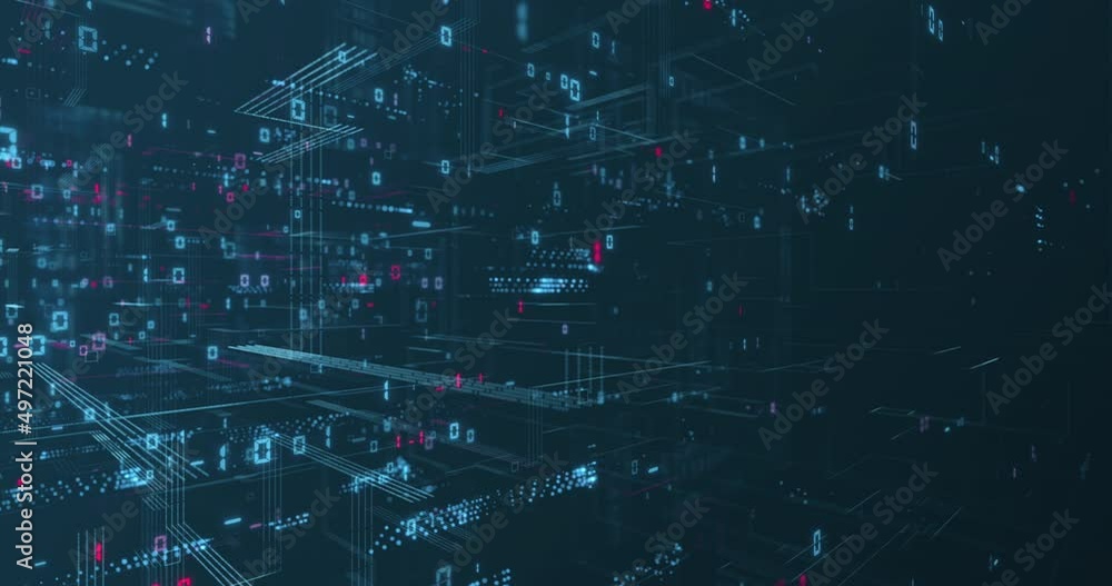 Aufkleber Digital data network animation depicting binary code calculations and data processing. 
Digits, lines and abstract point clouds form a complex computer network on a dark blue background.