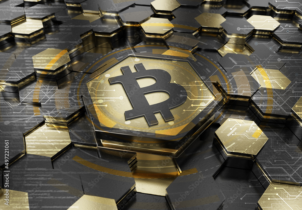Poster Bitcoin icon creativity concept engraved on metal hexagonal pedestral background. Crypto currency symbol glowing on abstract digital surface. 3d rendering