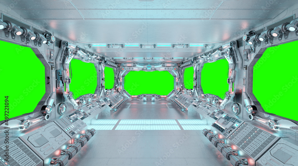 Poster White spaceship interior with isolated window. Futuristic spacecraft with glowing blue and red control panels and empty view. 3D rendering
