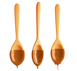 Set of wooden spoon on caramel liquid. Isolated background. 3d illustration