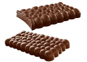 Porous chocolate isolated on white background. air bubble chocolate. Isolated on background. 3d illustration