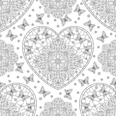 Seamless pattern with dark contour hearts, butterflies and flowers on a white background
