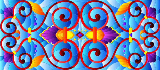 Illustration in stained glass style with abstract  swirls,flowers and leaves  on a blue background,horizontal orientation
