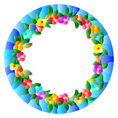 Illustration in stained glass style flower frame, bright flowers and  leaves in blue frame on a white background