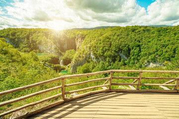 sunshine on viewpoint with Veliki Slap and Sastavci waterfall of Plitvice Lakes National Park in Croatia. Natural forest park with lakes in Lika. UNESCO Heritage of Croatia named Plitvicka Jezera