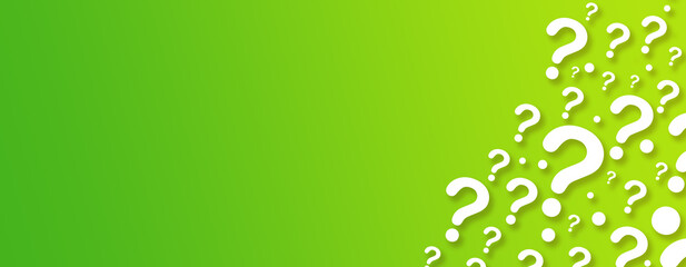 white question marks, large and small, on a bright green background.