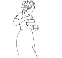 one continuous line art of a girl with a jug. isolated image drawn by hand on a white background.