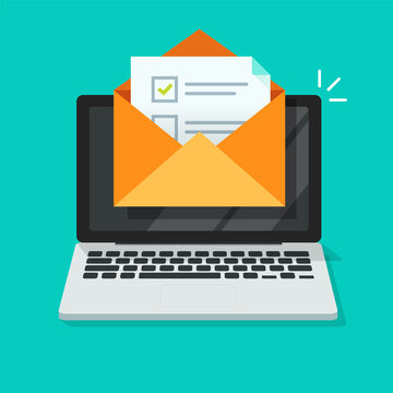 Survey online vote email checklist on computer pc or digital exam task icon on laptop pc form to choose check mark flat cartoon illustration, electronic questionnaire or web feedback quiz