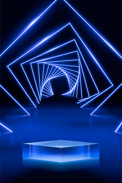 3d blue neon product display stage